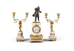 A FRENCH LOUIS XVI STYLE GILT AND PATINATED BRASS MOUNTED FIGURAL MANTEL CLOCK GARNITURE