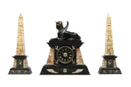 A FRENCH EGYPTIAN REVIVAL BRONZE MOUNTED MARBLE MANTEL CLOCK GARNITURE