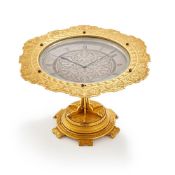 A VERY RARE VICTORIAN ENGRAVED GILT BRASS DESK TIMEPIECE IN THE FORM OF A TAZZA
