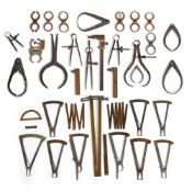 A CLOCKMAKER'S SECTOR, EIGHT WHEEL POISING TOOLS, A COLLECTION OF VARIOUS CALIPERS AND OTHER ITEMS