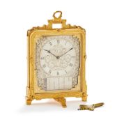 A FINE VICTORIAN ENGRAVED GILT BRASS STRUT TIMEPIECE WITH MANUAL CALENDAR