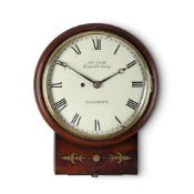 A REGENCY BRASS INLAID FIGURED MAHOGANY DROP-DIAL WALL TIMEPIECE WITH EIGHT-INCH DIAL