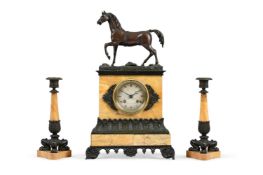 A FRENCH CHARLES X PATINATED BRONZE AND SIENA MARBLE ‘ANIMALIER’ MANTEL CLOCK GARNITURE