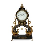 AN AUSTRIAN BRASS MOUNTED EBONISED AND GILTWOOD GRANDE-SONNERIE STRIKING MANTEL CLOCK WITH CALENDAR