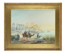 ATTRIBUTED TO FREDERICK GOODALL (BRITISH 1822-1904), TWO CAMELS AND FIGURES ON THE BANKS OF THE NILE