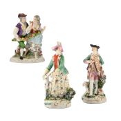 A PAIR OF DERBY FIGURES OF A SPORTSMAN AND HIS COMPANION, CIRCA 1770, TOGETHER WITH ANOTHER