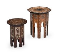 Y A MOTHER OF PEARL AND BRASS INLAID SIDE TABLE, FIRST QUARTER 20TH CENTURY, AND ANOTHER SIMILAR
