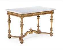 A MARBLE TOPPED CARVED WOOD AND GILT GESSO CENTRE TABLE, IN THE REGENCE STYLE, EARLY 19TH CENTURY