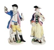 A PAIR OF BOW PORCELAIN FIGURES OF A SPORTSMAN AND COMPANION, CIRCA 1755