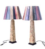 A PAIR OF TALL HAND PAINTED OBELISK FORM POTTERY TABLE LAMPS WITH OKA SHADES, MODERN