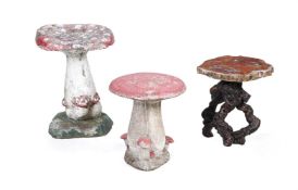TWO PAINTED COMPOSITION STONE MODELS OF TOADSTOOLS, 20TH CENTURY, TOGETHER WITH A 'TWIG' TABLE