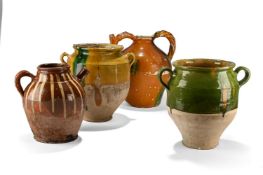 FOUR FRENCH YELLOW AND GREEN GLAZE CONSERVATORY OR CONFIT POTS, 20TH CENTURY