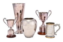 A SELECTION OF FIVE SILVER PLATED POLO TROPHIES, MODERN