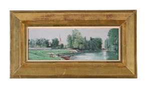 AUGUSTE MICHEL COLLE (FRENCH 1872-1949), BOATS MOORED ALONG A RIVER BANK