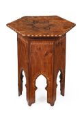 AN INDO-MOORISH YEW AND MULBERRY HEXAGONAL OCCASIONAL TABLE, EARLY 20TH CENTURY