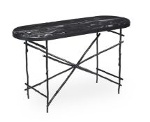 A MARBLE TOPPED AND PAINTED IRON CONSOLE TABLE, MODERN