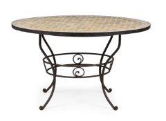 A WROUGHT IRON AND MOSAIC STONE TOPPED BREAKFAST TABLE, MODERN