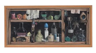 λ DEBORAH JONES (BRITISH 1921-2012), STILL LIFE OF GLASS VESSELS ON A SHELF