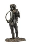 A FRENCH BRONZE FIGURE OF A CHILD WITH HORN AND CARRYING A DEER, 19TH CENTURY