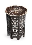 Y AN INDO-MOORISH BONE, MOTHER OF PEARL AND PEWTER LINE INLAID OCTAGONAL SIDE TABLE, 20TH CENTURY