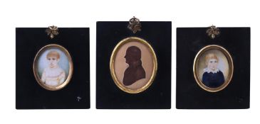 Y EARLY 19TH CENTURY ENGLISH SCHOOL, A PAIR OF MINIATURE PORTRAITS, AND A SILHOUETTE MINIATURE