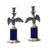 A PAIR OF SILVERED AND BLUE GLASS EAGLE STEM CANDLESTICKS, 19TH CENTURY AND LATER
