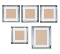 A GROUP OF FIVE EBONISED AND BEVELL MIRRORED PICTURE FRAMES, IN TWO SIZES, OF RECENT MANUFACTURE