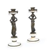 A PAIR OF BRONZE AND MARBLE FIGURAL CARYATID CANDLESTICKS, FRENCH, MID 19TH CENTURY