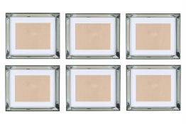 A GROUP OF SIX LARGE RECTANGULAR EBONISED AND BEVELL MIRRORED PICTURE FRAMES, OF RECENT MANUFACTURE