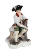 A BOW PORCELAIN MODEL OF A RESTING SPORTSMAN, MID 18TH CENTURY