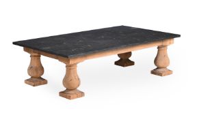 A LARGE GREY VEINED MARBLE TOPPED LOW OR COFFEE TABLE, 20TH CENTURY