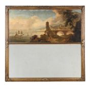 A GILT FRAMED TRUMEAU MIRROR WITH CAPRICCIO OIL ON CANVAS LANDSCAPE, THE FRAME EARLY 20TH CENTURY