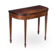 A GEORGE III MAHOGANY AND LINE INLAID DEMI-LUNE TEA TABLE, CIRCA 1790