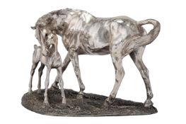 A STERLING SILVER (COMPOSITION FILLED) LIMITED EDITION MARE AND FOAL FIGURE STUDY, DATED 1998