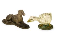 A PAINTED CAST STONE GOOSE, LATE 20TH CENTURY, AND A CAST STONE FIGURE OF A RECUMBENT DOG
