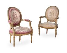 A PAIR OF CARVED WOOD AND GILT GESSO FAUTEUILS, IN LOUIS XVI STYLE, ENGLISH, FIRST HALF 19TH CENTURY