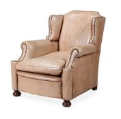 A HIDE UPHOLSTERED LOW ARMCHAIR, PROBABLY FIRST HALF 20TH CENTURY