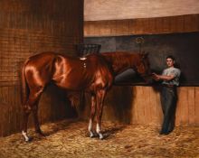 CHARLES AUGUSTUS HENRY LUTYENS (BRITISH 1829-1915), AVONTES, A BAY STALLION WITH A GROOM IN A STABLE