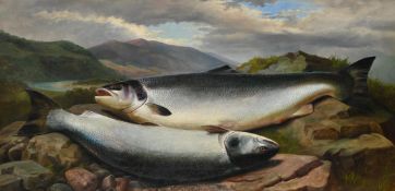JOHN BUCKNELL RUSSELL (SCOTTISH CIRCA 1819-1893), A BRACE OF HEN SALMON ON THE BANKS OF THE SPEY