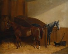 RICHARD ANSDELL (BRITISH 1815-1885), A GREY AND A CHESNUT HUNTER IN STABLES