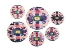 SIX UZBEK KUZNETSOV POTTERY PLATES, 1920s-1930s