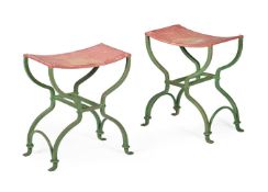 ATTRIBUTED TO GEORGES GEFFROY, A PAIR OF RED AND GREEN GARDEN STOOLS, CIRCA 1970