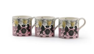 FROM A DESIGN BY ERIC RAVILIOUS (BRITISH, 1903-1942), THREE '1953' CORONATION COMMEMORATIVE MUGS