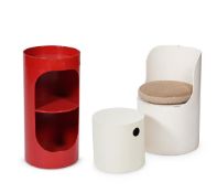 BERNARD HOLDAWAY, A 'TOMOTOM' DRUM OCCASIONAL TABLE/STOOL, BARREL CHAIR AND SHELF UNIT; CIRCA 1966