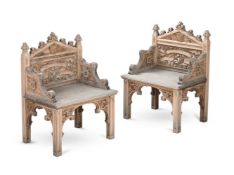 A PAIR OF GOTHIC STYLE CARVED CHAIRS, 20TH CENTURY