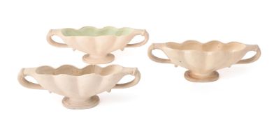WILLIAM JOHN MARRINER FOR FULHAM POTTERY, THREE 'ALBERWARE' MANTLE VASES; MID-20TH CENTURY