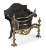 A GEORGE III STYLE CAST IRON, BRUSHED STEEL AND BRASS FIRE GRATE, PROBABLY FIRST HALF 20TH CENTURY