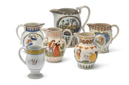 SIX VARIOUS STAFFORDSHIRE AND SOUTH YORKSHIRE JUGS OF PRATT-FAMILY TYPE, MOSTLY LATE 18TH CENTURY