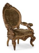 A CARVED WOOD AND GILT GESSO ARMCHAIR, PROBABLY ITALIAN, SECOND HALF 19TH CENTURY