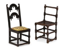 AN OAK BACK STOOL, DERBYSHIRE OR SOUTH YORKSHIRE, 18TH CENTURY, TOGETHER WITH ANOTHER